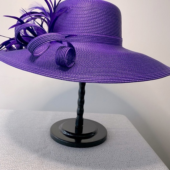 Statement Purple Wide-Brim Formal Hat with Feather Detail - Picture 4 of 6